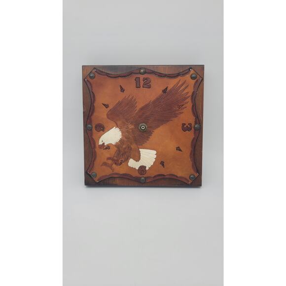 Wood and Tooled Leather Wall Clock Eagle Bird Vintage Retro Man Cave Biker brown - Picture 2 of 8